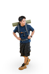 Naklejka premium A hiker stands confidently, ready for adventure, with backpack on png background