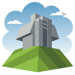 Obraz premium Structure on a grassy hill under a cloudy sky vector on white background.