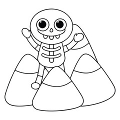 Cartoon skeleton character standing among large candy corn pieces for Halloween trick or treat spooky