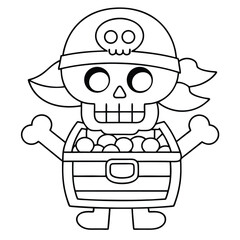 Cartoon Pirate Skull with Treasure Chest Full of Gold Coins and Bandana outline drawing