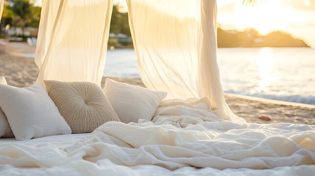 Beach bed draped in white linens under a sunset canopy