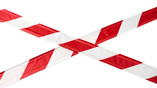 Red and white striped barrier tape crossed in an X shape on a transparent background. Isolated design element for safety or caution themes.