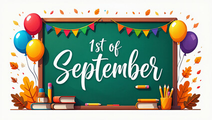 1st of September – Back to School Greeting with Blackboard, Balloons and Books