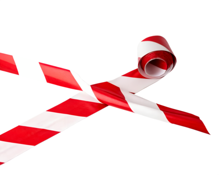Red and white striped caution tape on a transparent background. The tape is twisted and laid out in a crisscross pattern, emphasizing safety and warning.