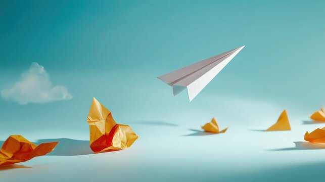 Playful paper planes with a white one flying and orange ones scattered on a light blue backdrop with cloud elements, creating a childlike and free atmosphere for childhood, game, or dream themes.