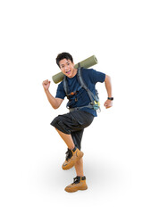 A happy hiker ready for adventure, with a backpack and a mat on png background