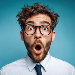 Surprised Man with Glasses Making Funny Expression on Blue Background