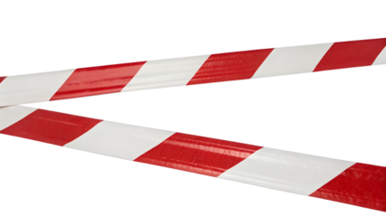 Red and white striped barrier tape on a transparent background. The tape is isolated and appears to be used for marking restricted areas or hazards.