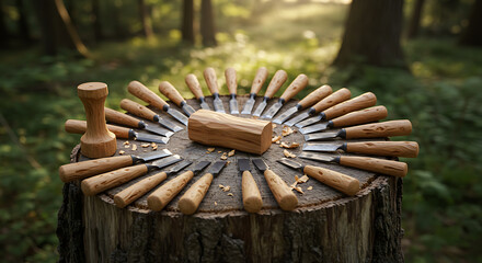 A collection of wood carving tools and a mallet arranged around a partially carved wooden block on a tree stump in a sunlit forest.