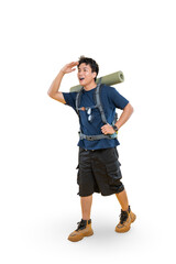 A young man with backpack looks toward the horizon, ready for an adventure on a hike with on png background