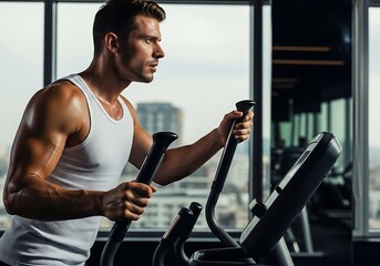 Man In A White Tank Top Engages In A Cardio Workout On An Elliptical Machine In A Modern Gym With A City View, Fitness Concept, Cardio Training