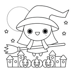 Cute Halloween Witch Flying on Broomstick with Pumpkins and Moon Outline Drawing vector illustration