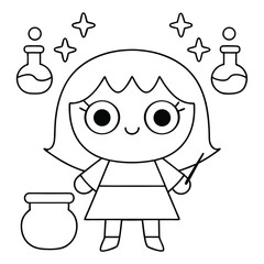 Cute Cartoon Witch Character with Potion Bottles and Cauldron Illustration halloween magic