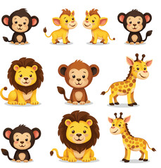 Fototapeta premium Vector illustration set of cute baby cartoon animals from the farm and zoo, including a cat, dog, rabbit, pig, lion, and bear