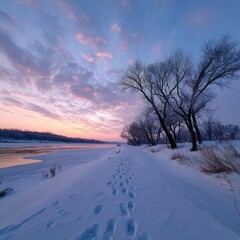 Serene winter sunrise over a snow-covered riverbank, footprints in the fresh snow leading towards a line of leafless trees