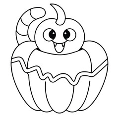 Happy Halloween Pumpkin with Spooky Face and Curly Stem Outline Drawing jack o lantern