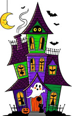 Colorful Haunted House with Happy Ghosts and Bat