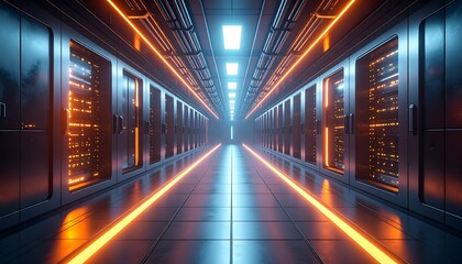 Data Center Server Room with Rows of Equipment and Bright Lights