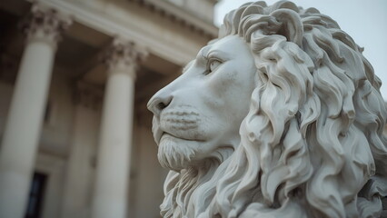 Naklejka premium Closeup of a marble lion statue in front of a classical building with columns