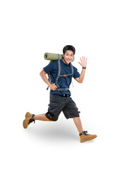 Young adventurer, backpacker cheerfully exploring new horizons with a backpack on png background