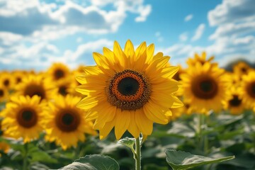 Sunflower harvesting on golden field with blue sky