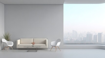 Modern minimalist living room with panoramic city view.