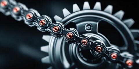Nahaufnahme einer robusten Metallkette auf einem Zahnrad