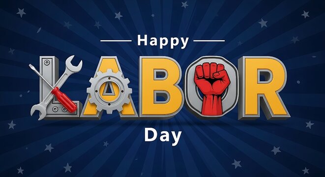 Labor day background design,Bold and patriotic "Happy Labor Day" design featuring gear-infused letters, a raised red fist for solidarity, and scattered stars