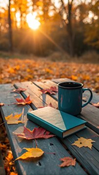 Cozy autumn scene with a book and mug on a wooden table surrounded by fallen leaves during golden hour