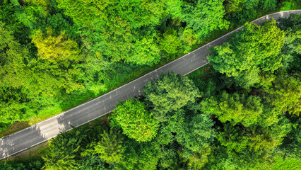 Strasse von oben aus der Luftperspektive in einem Waldstück, Schweiz, August 2025