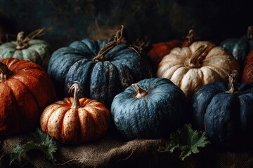 A collection of various-sized pumpkins in autumnal colors rest on burlap