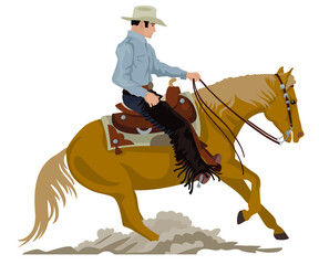 Cowboy Riding Western Horse Sliding Stop Reining Color Illustration