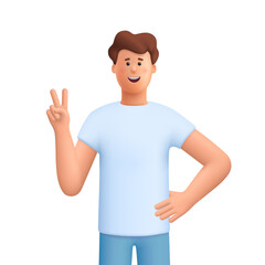 Young smiling man James showing peace victory sign. 3d vector people character. Cartoon minimal style.