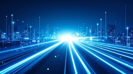 A dynamic blue illustration depicts a city's skyline with vibrant light trails and data transmission. Tall structures and light nodes - Powered by Adobe