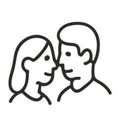 Line icon of smiling couple close together — symbolizing romantic happiness, love, and togetherness in a clean, simple design.
