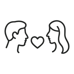 Minimal line icon of a man and woman facing each other with a heart between — symbolizing romantic connection or love.
