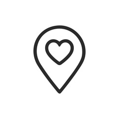 Simple black line icon of a location pin with heart in center — symbolizing romantic destinations, favorite spots, or love mapping.
