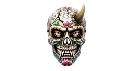 Cracked mask fusing calavera and yokai features, isolated on white background