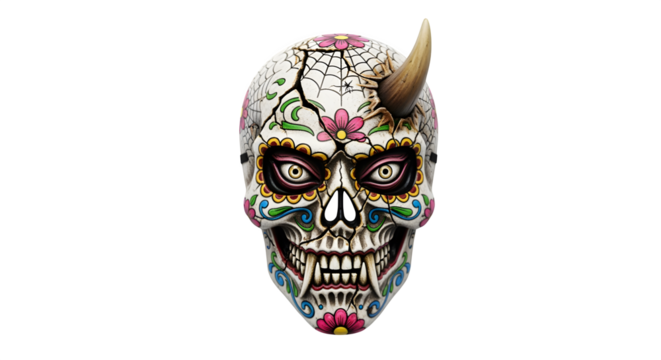 Cracked mask fusing calavera and yokai features, isolated on white background