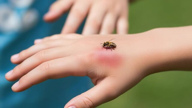 Close up of a bee sting on a child's hand showing a red swollen area