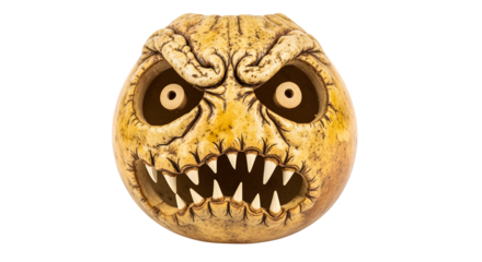 Creepy hand-carved gourd with eyes, isolated on white background