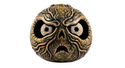 Creepy hand-carved gourd with eyes, isolated on white background