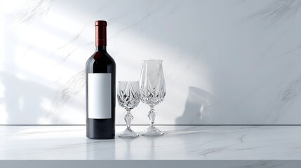 Red Wine Bottle and Crystal Glasses on Marble Background for Elegant Display