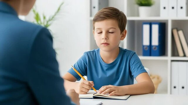 Young boy in blue shirt talking to adult with pencil and notebook
