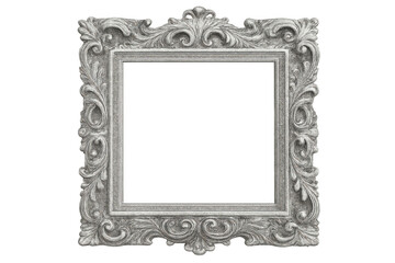 Elegant silver baroque ornate picture frame with transparent background, ideal for showcasing artwork or photographs