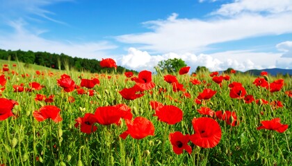 Fototapeta premium A vibrant field of red poppies under a beautiful blue sky