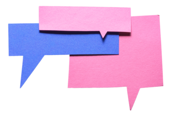 Blue pink cut out cardboard paper speech bubbles with copy space for text on transparent png background conversation discussion design element