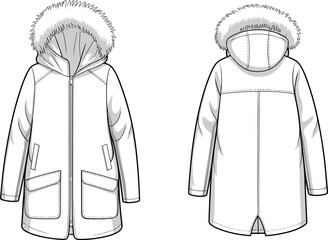 Winter parka coat with fur hood, warm insulated jacket, front zipper, large pockets, long sleeve, stylish cold weather outerwear © Design_Pro
