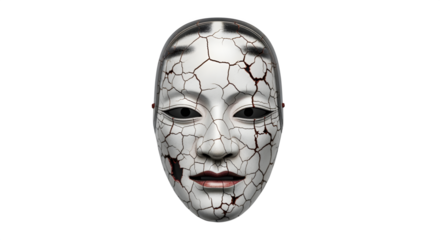 Creepy Noh mask with cracked surface, isolated on white background