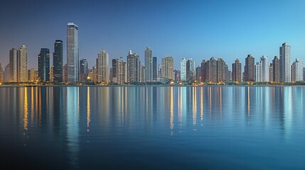 Fototapeta premium Stunning Nighttime Cityscape with Reflections on Water, Showcasing Modern Architecture and Lights